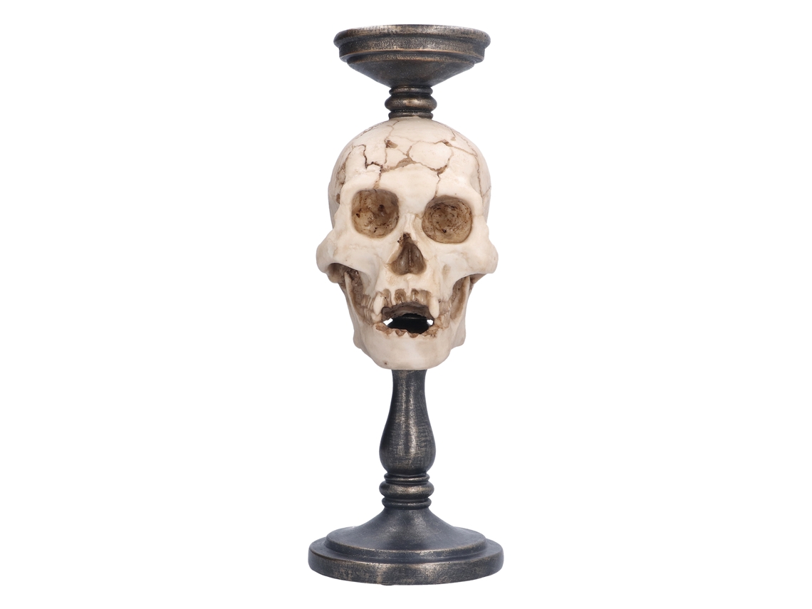 Castiçal de caveira assustador em resina durável, decorativo para o Halloween, ideal para decoração de casa.