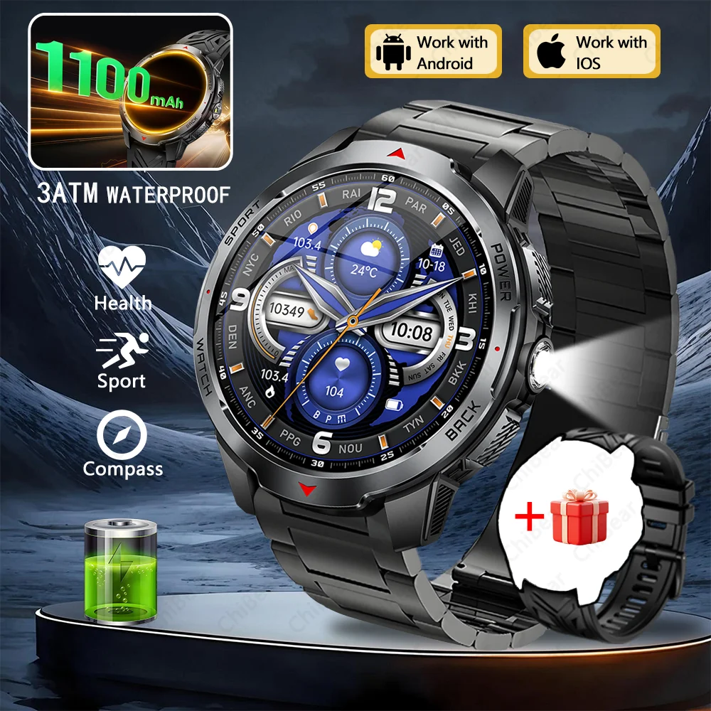 Reloj inteligente con GPS, brújula, luz LED, resistencia al agua de 5 ATM y llamadas Bluetooth. MDUG (Acero negro)