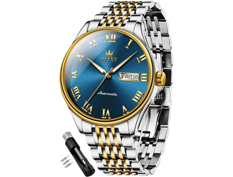 VEANXIN Reloj automático de acero inoxidable resistente al agua con calendario luminoso para hombre(esfera azul)