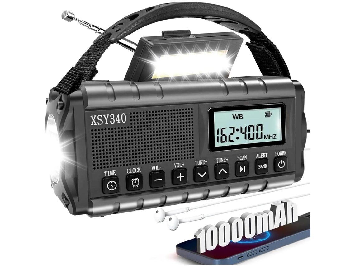 Radio de emergencia portátil Mdug, SOS, con luz de lectura y batería recargable de 10000 mAh, resistente al agua (negra)
