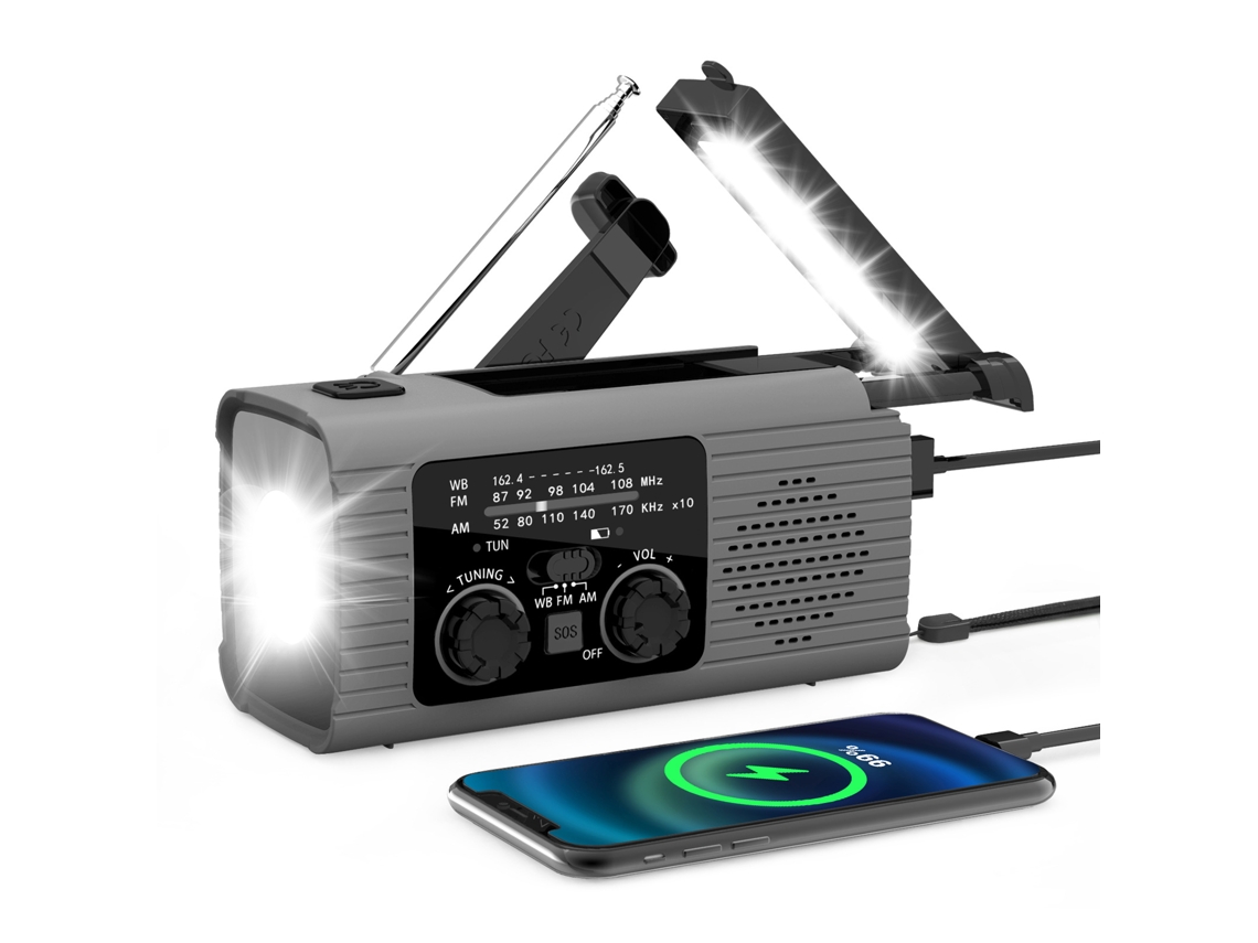 Radio solar portátil de emergencia con manivela, multifunción, 2000 mAh, linterna, ABS gris Tommy01