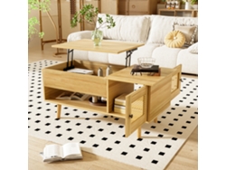 Elegante Mesa De Centro Con Tapa Elevable Y Puertas De Ratán, En Color Madera Con Detalles En Negro, Ideal Para El Salón.