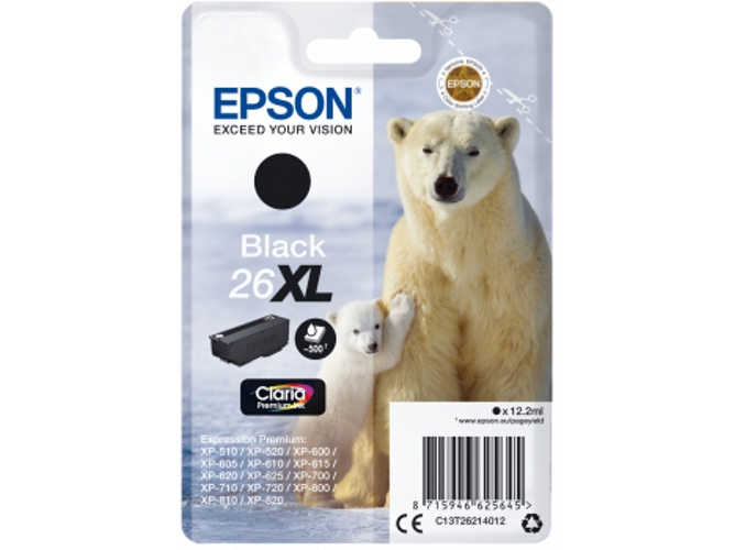 Cartucho de tinta original EPSON, 26XL, Oso polar 12,2 ml , Negro, C13T26214012, T2621