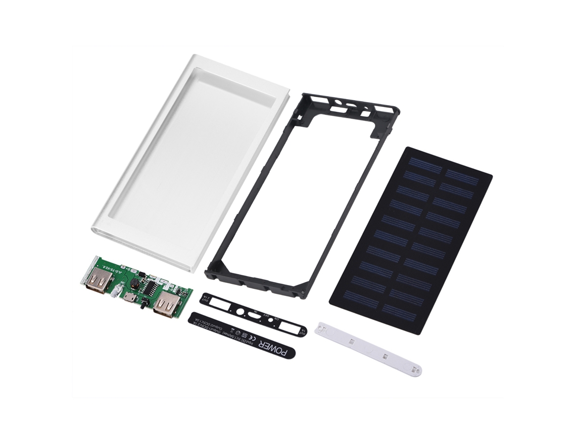 Kit Para Armar Una Batería Externa Solar Portátil De 10000 Mah Con 2 Puertos Usb, Carga Rápida Y Carcasa Metálica Plateada.