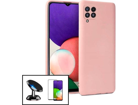 Kit Protector de Cristal Templado 5D Full Cover, Funda Silicona Liquida y Soporte Magnético de Coche Samsung Galaxy M22 PHONECARE Rosa