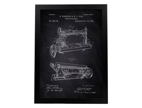 Póster NACNIC con Patente de Maquina de Coser. con Diseño de Patente Antigua