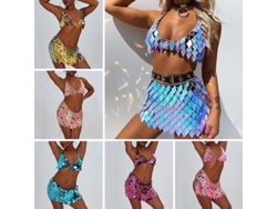 Conjunto 2026 con collar, body y flecos secuenciales, sujetador, falda y bikini azul para fiestas, raves y discotecas (Fkv)