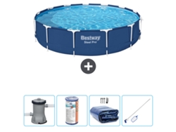Piscina BESTWAY Round Steel Pro - 396 x 84 cm - Azul - Bomba incluida Filtrar - Vela solar - kit de limpieza