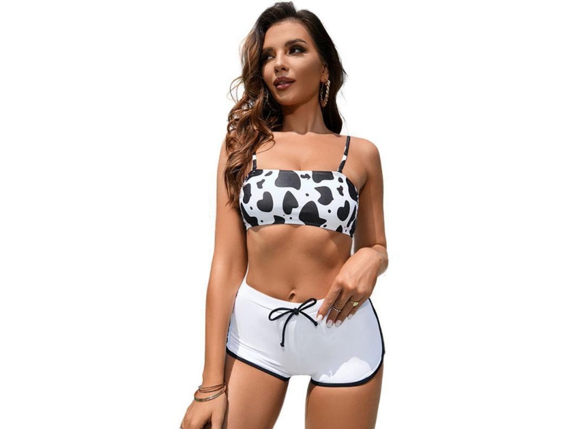 Traje De Banho Para Mulher Bikini Miniatura De Um Ombro Com Sling De Três Peças Estampado E Cor Sólida Mgzmblack