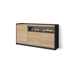 Aparador de comedor, 156x37x80cm, 3 puertas, chimenea eléctrica, roble y negro.