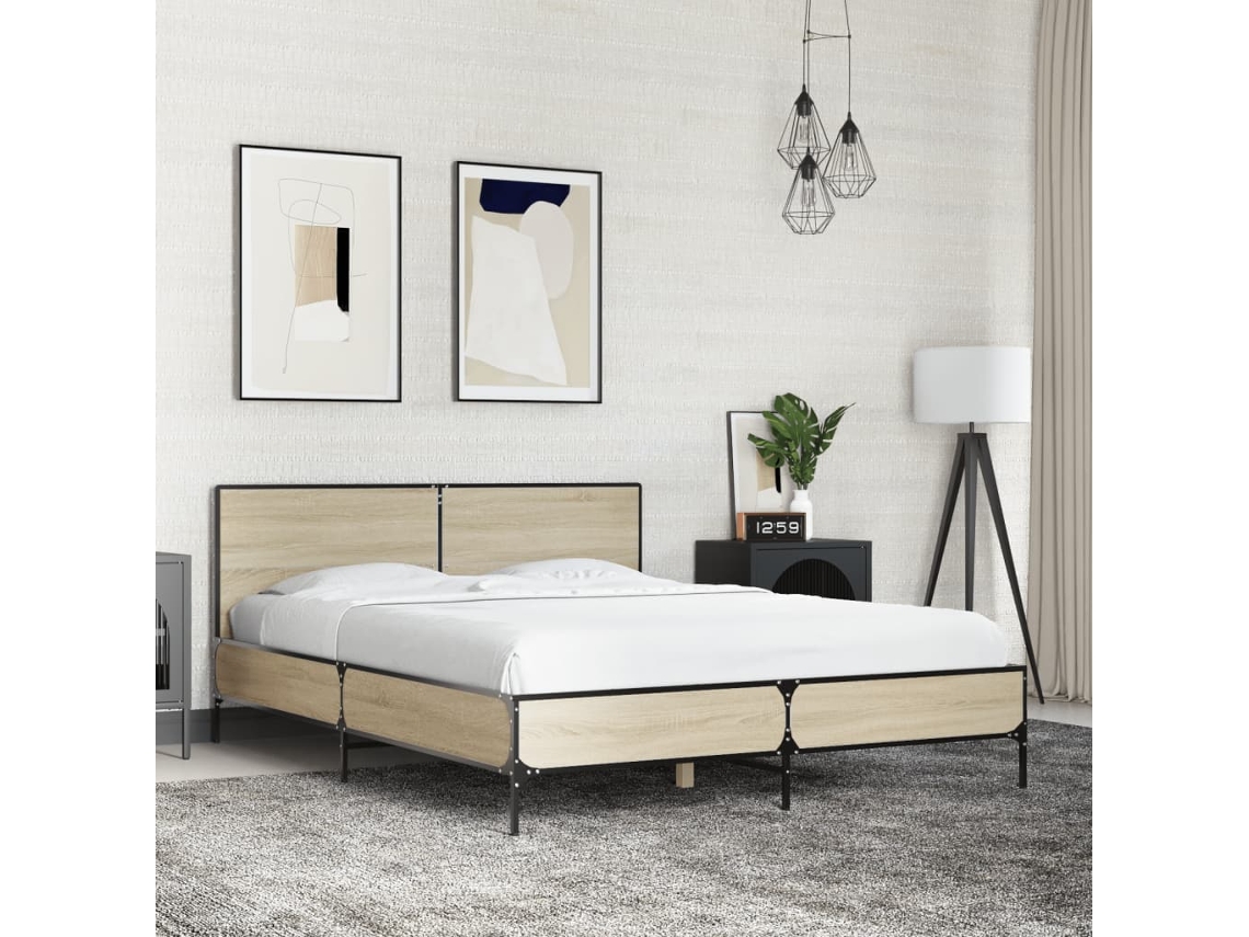 Estructura Cama Madera Ingeniería Metal Roble Sonoma 140x200 Cm