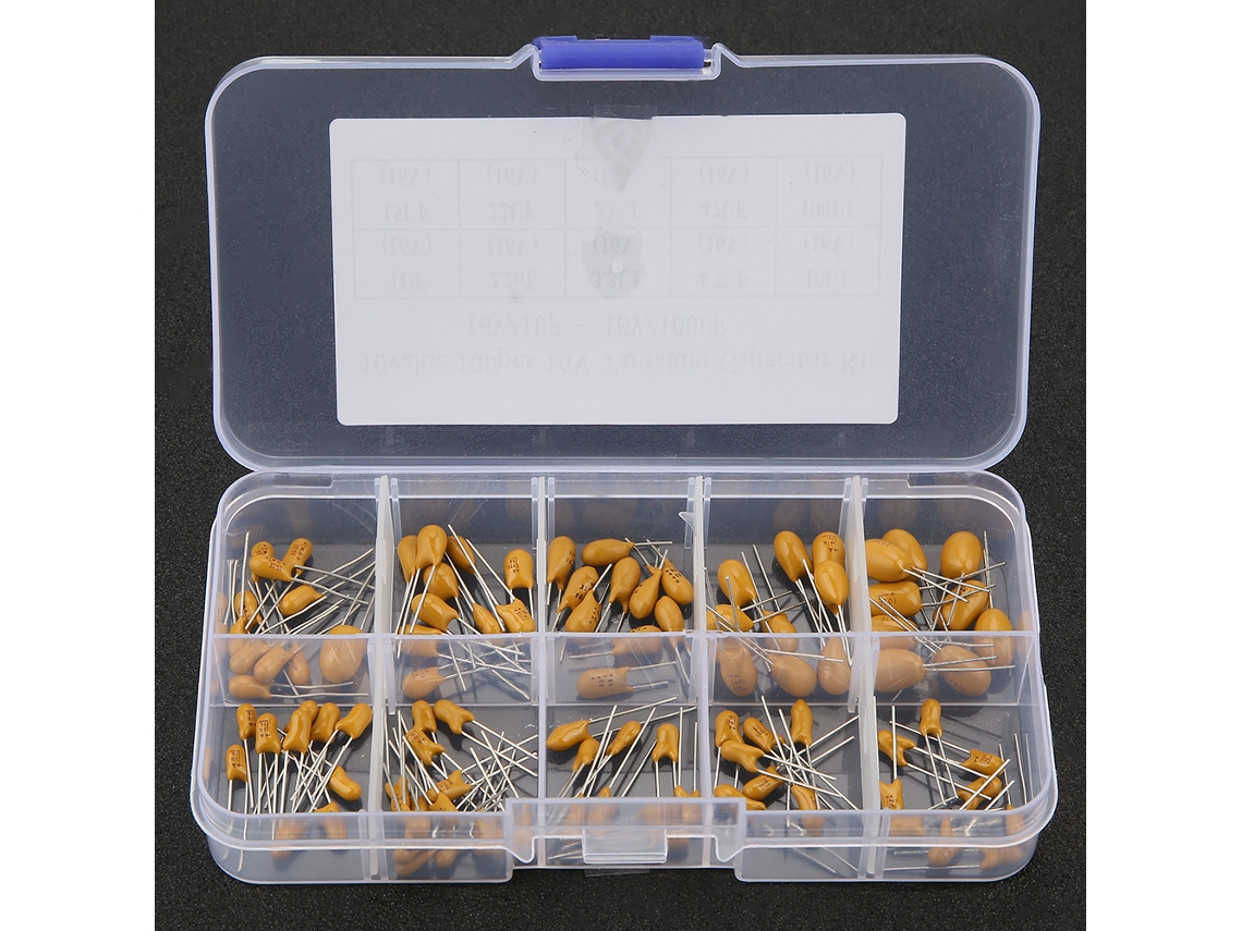 Kit 2026dz de 100 condensadores de tantalio de 16 V, 1 µF-100 µF, 10 valores, con caja electrónica.