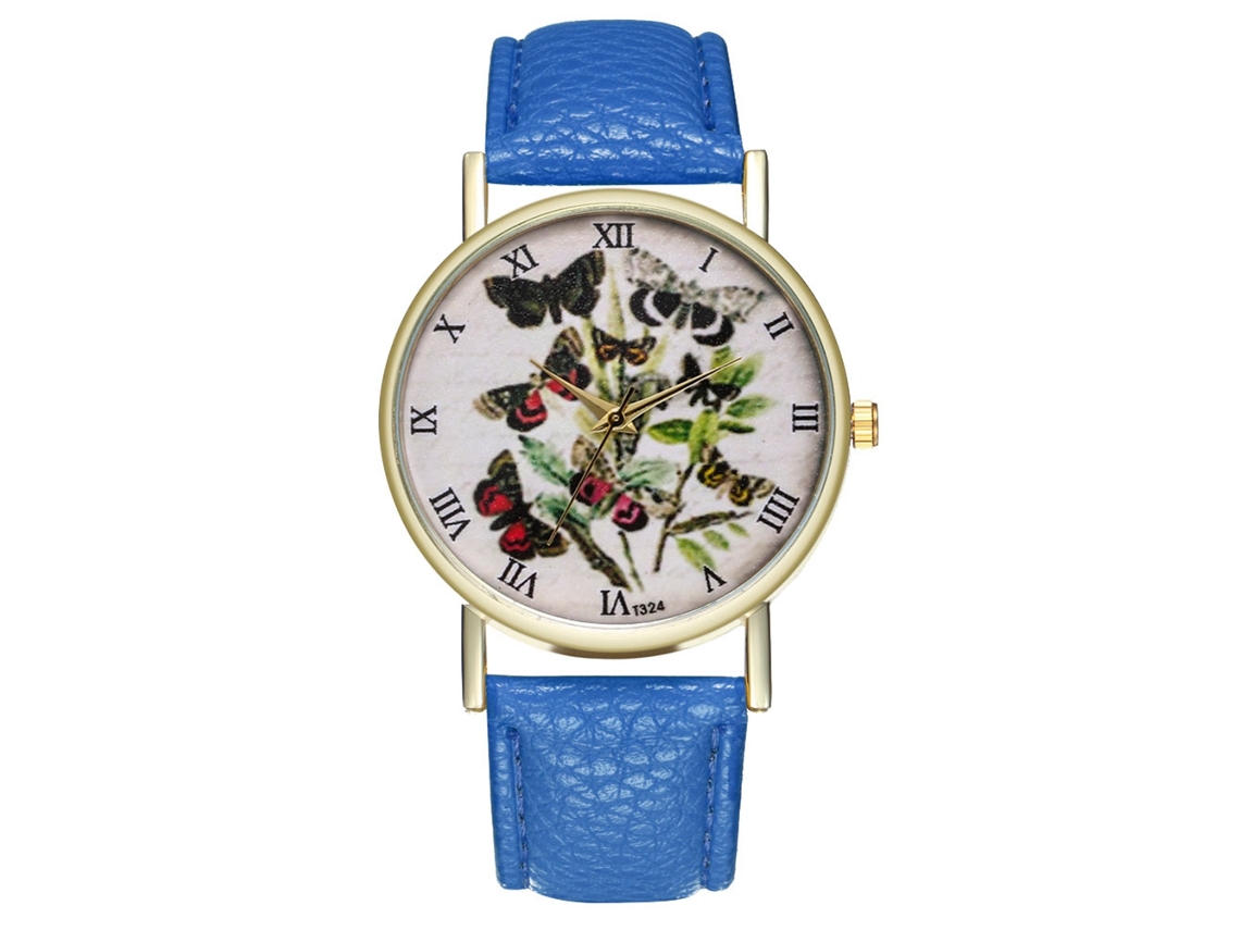 Reloj De Cuarzo Para Estudiantes Femeninas, Estilo Retro Con Estampado De Mariposas Azul Marino.