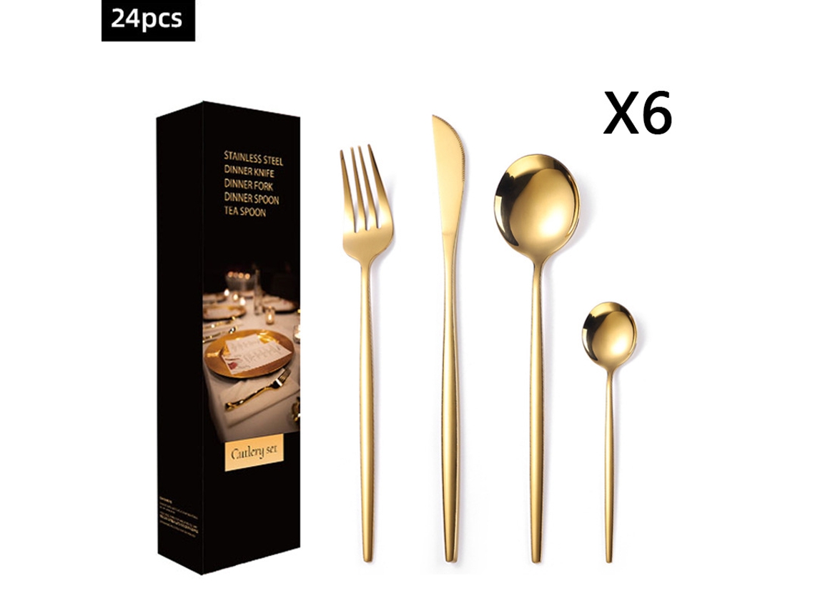 Juego de cubiertos de acero inoxidable (24 piezas - dorado) con cuchillo, tenedor y cuchara.