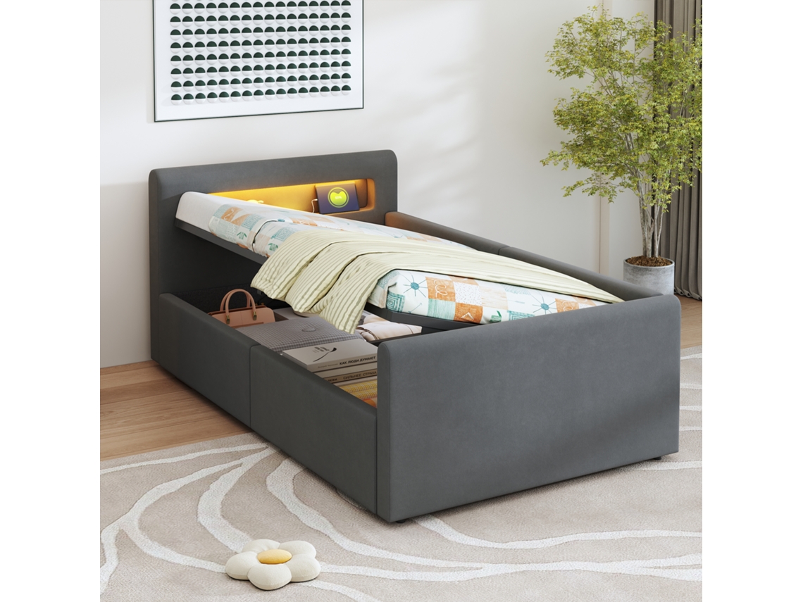 Cama Infantil De 90x200 Cm, Tapizada, Con Iluminación Led, Conexión Usb, Estante Hidráulico, Color Gris Oscuro Y Terciopelo. Colchón No Incluido.