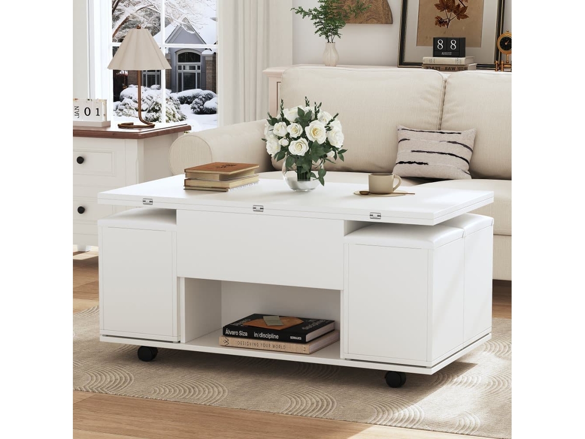 Mesa Centro Elevable - 2 Mesas Extensibles, Moderna - Blanco