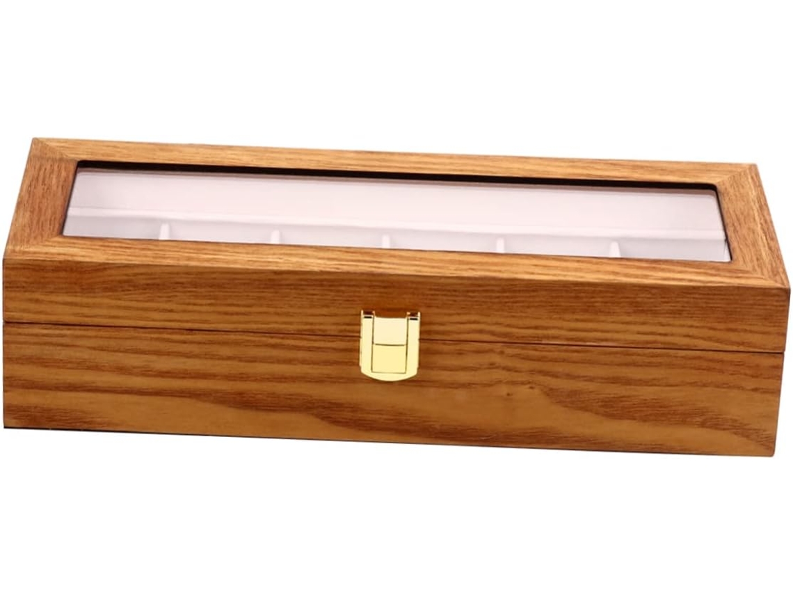 Caja de madera para relojes con compartimentos, ideal para guardar y exhibir.