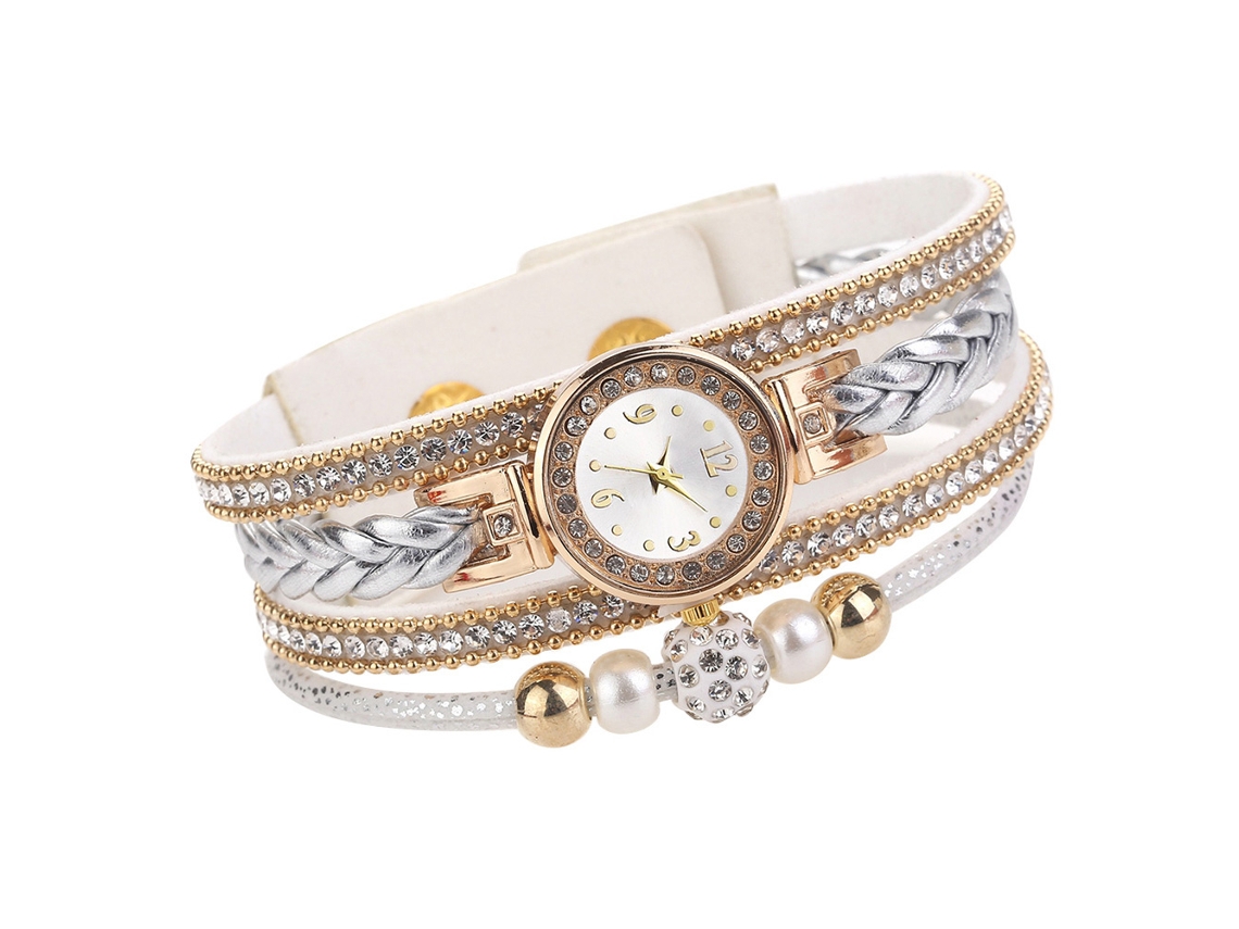 Reloj De Pulsera Multicapa Con Diamantes De Imitación Para Mujer, Con Cordón Trenzado, Cuarzo Blanco.