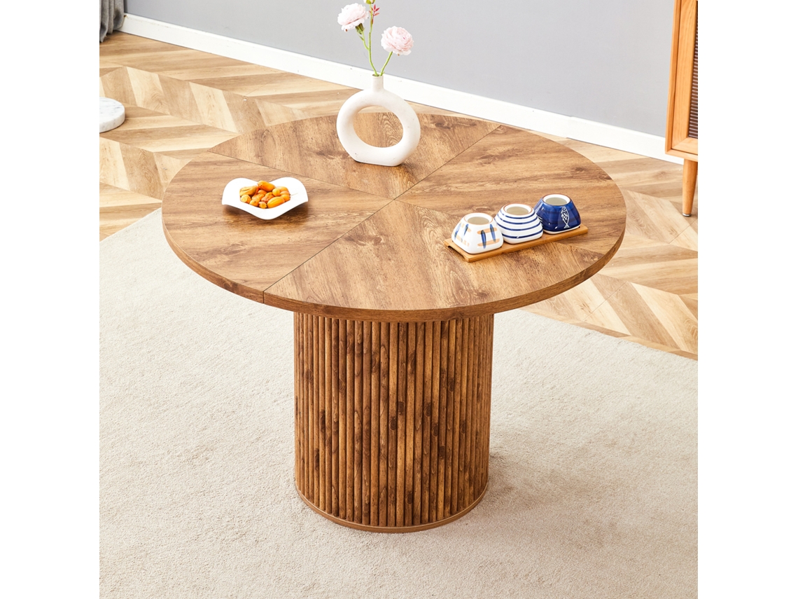 Mesa Redonda 100 Cm Para Comedor, Mdf Con Textura De Madera En 4 Segmentos, Patas Cilíndricas Con Soporte Metálico