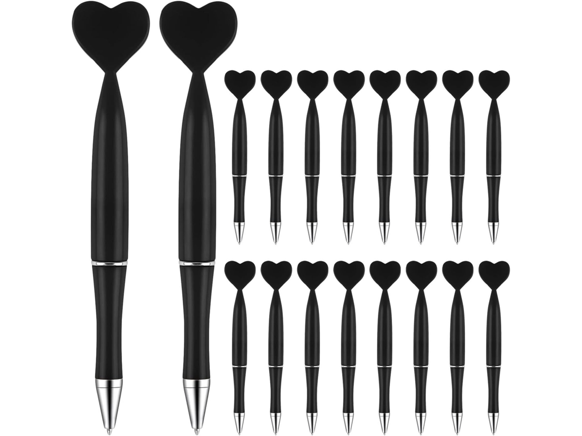 Paquete De 24 Bolígrafos De Plástico Negro Con Diseño De Corazón, Mecanismo Giratorio, Punta De 1 Mm Y Tinta Fluida.