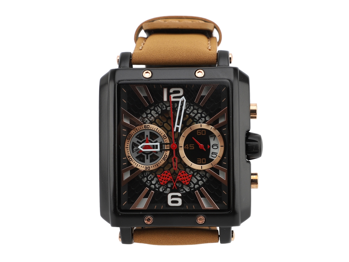 Reloj Cronógrafo Analógico De Cuarzo Para Hombre Con Correa Marrón Y Esfera Negra.