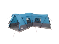 Tienda de campaña para 16 personas con techo azul, 680 x 510 x 210 cm.