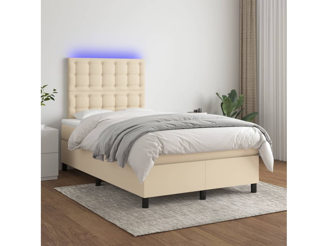 Cama Box Spring Con Colchón Y Led Tela Crema 120x200 Cm