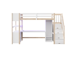 Cama Alta De Madera 90x200 Cm - Escritorio Y Armario Con Almacenaje Y Led - Blanco/natural