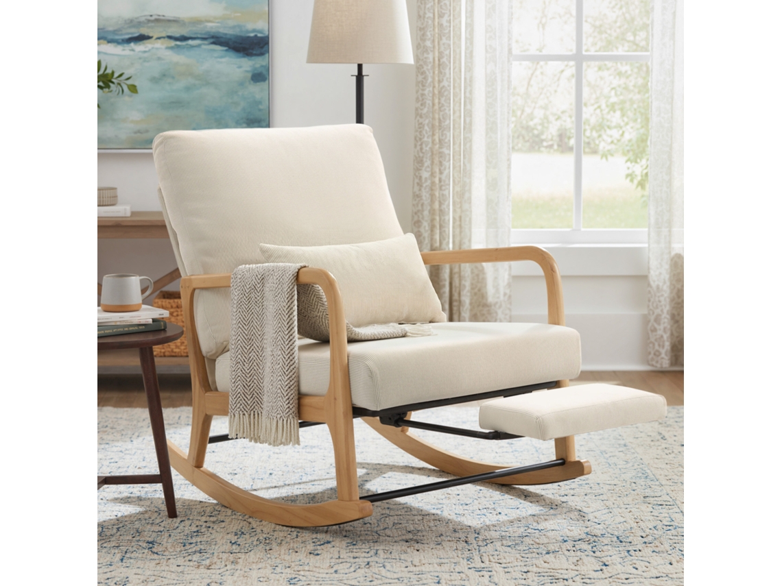 Mecedora Nórdica, Reposapiés, Terciopelo, Madera, 89x70x97.5cm, Crema