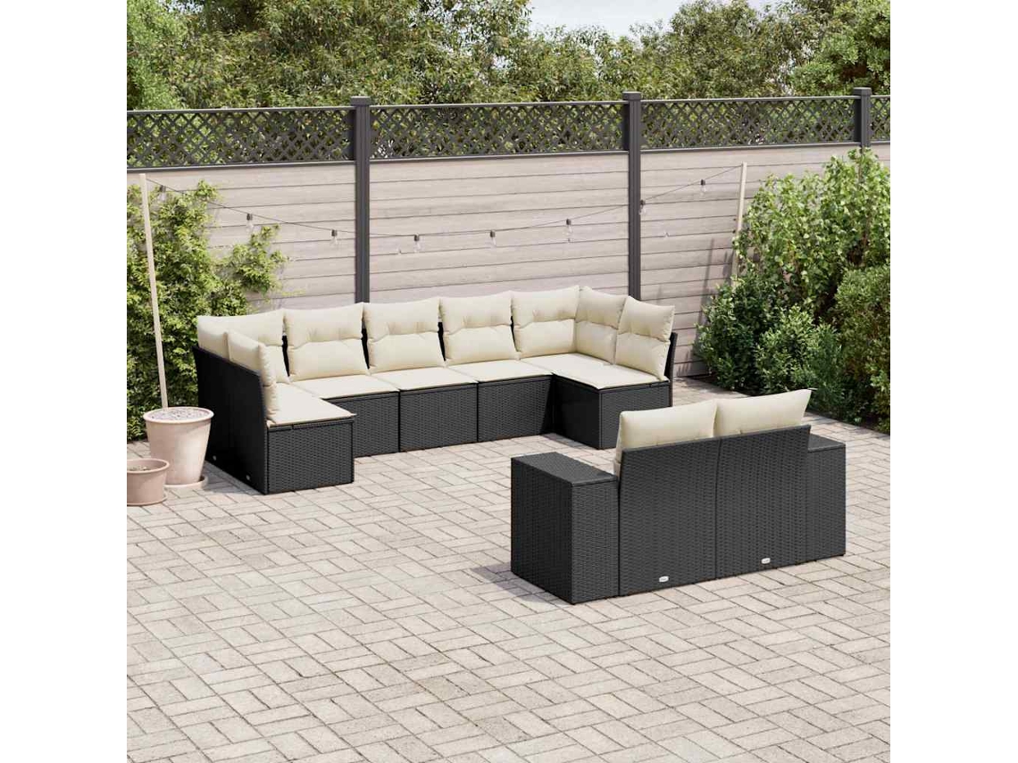 Conjunto de sofá de jardín de 9 piezas con cojines, ratán negro, Dkd Home Decor