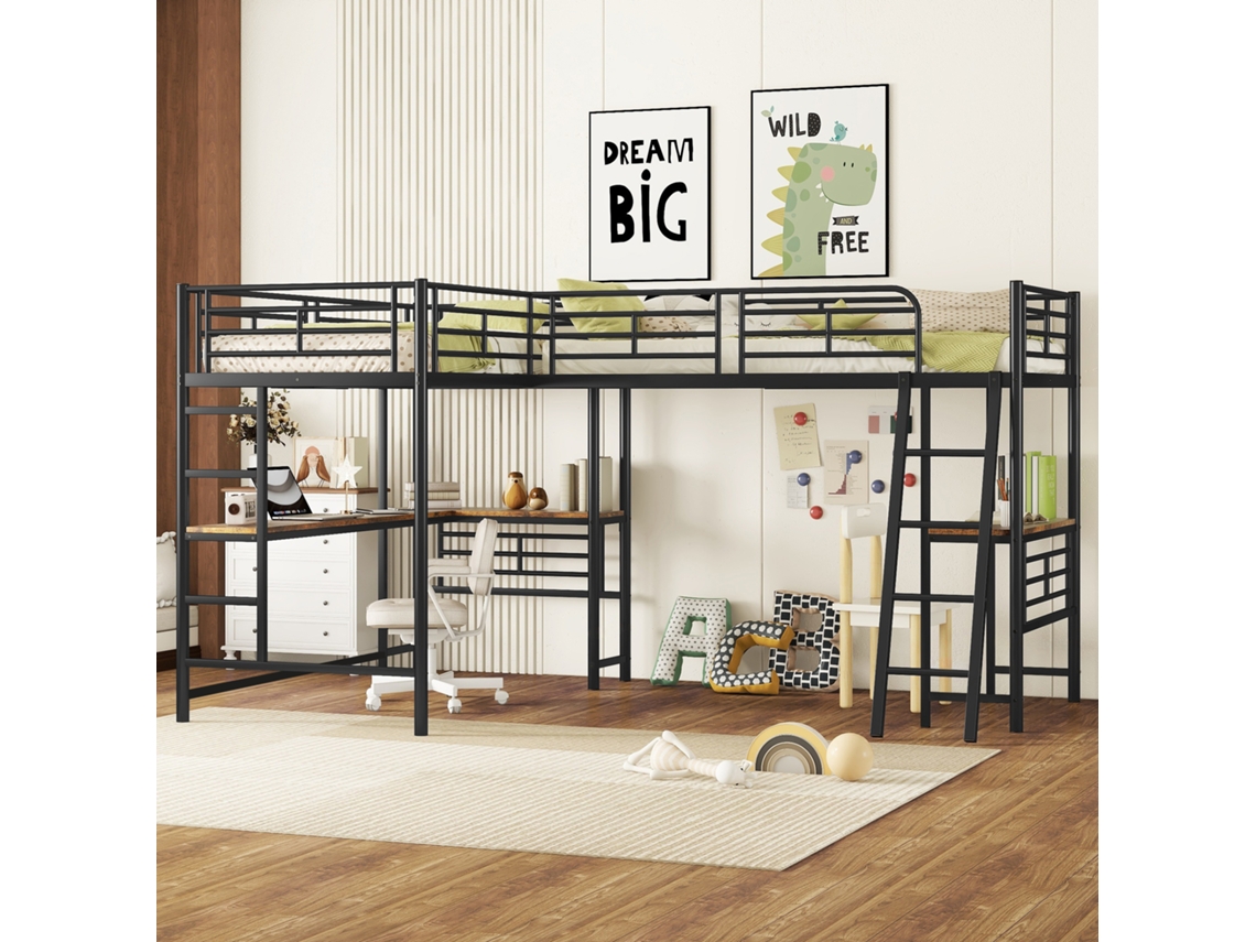 Cama Alta De 90x200, 2 Literas, Mesa, Escalera Doble, Pasamanos Negro.