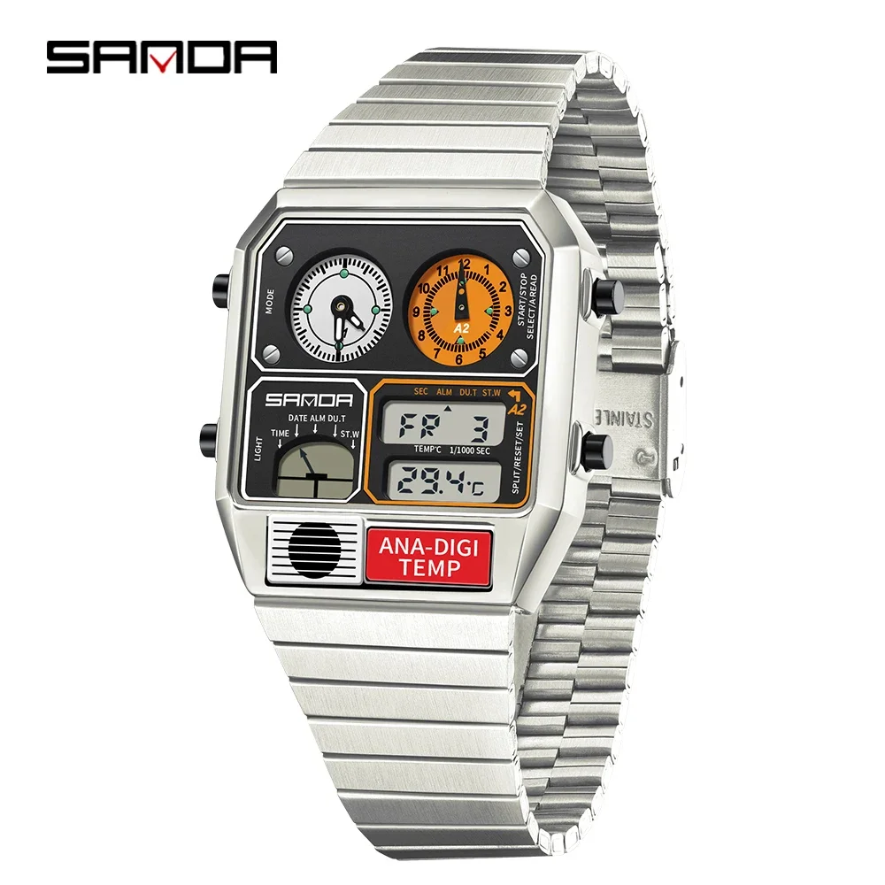 Reloj De Hombre Multifuncional Con Termómetro, Cronómetro Y Función De Cronometraje (plateado Y Blanco) Con Led.