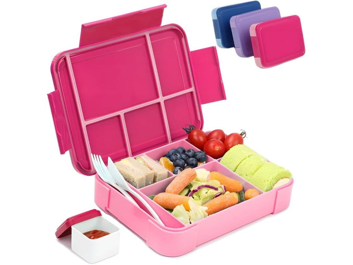 Fiambrera Bento Para Adultos Con 6 Compartimentos Y Cubiertos, Apta Para Microondas Y Lavavajillas, Color Rosa.