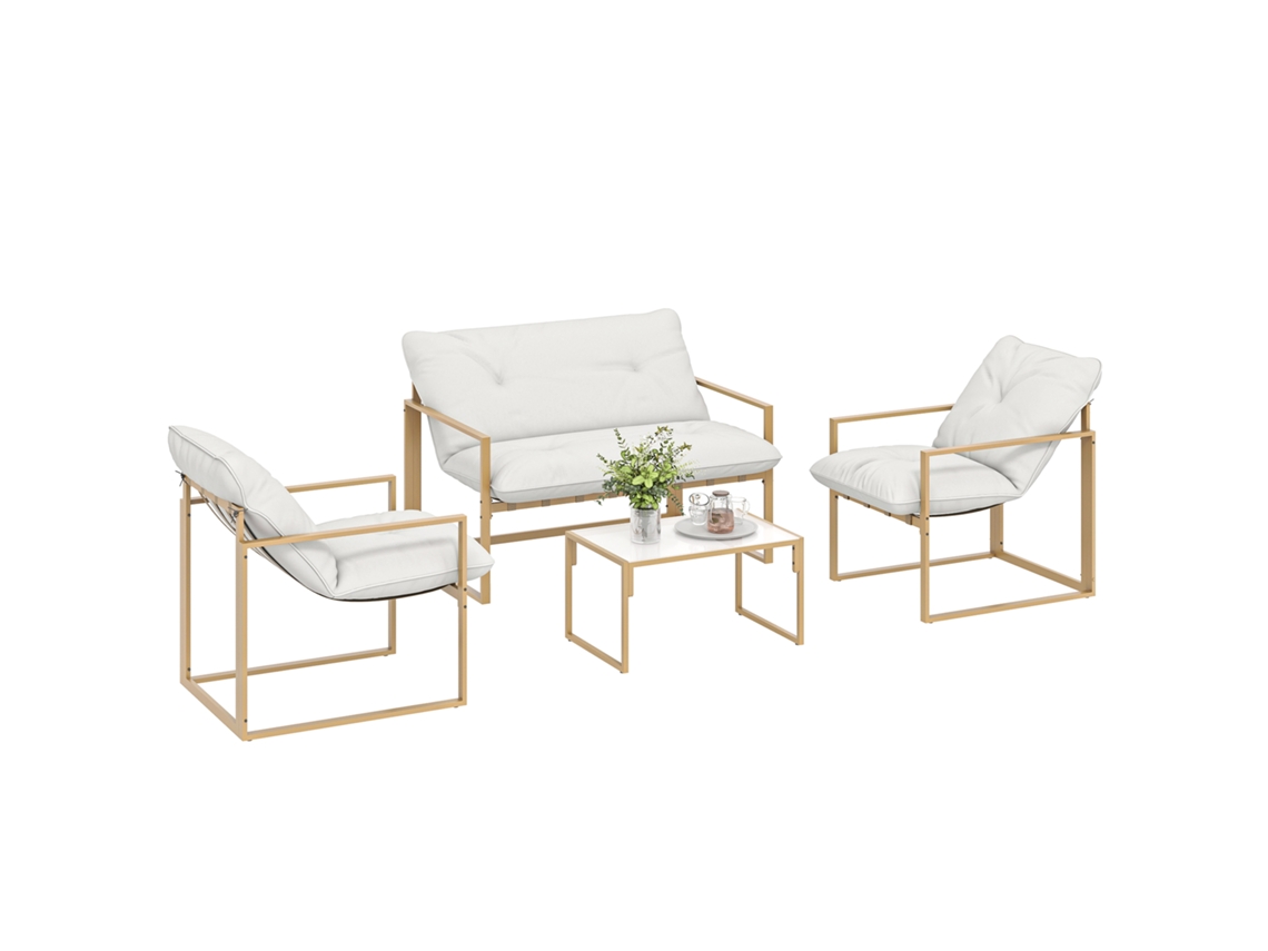 Set De Jardín Exterior 4 Piezas Con Cojines Ultra Gruesos 15 Cm Sofá 2 Plazas 2 Sillones Y Mesa Baja Color Caqui