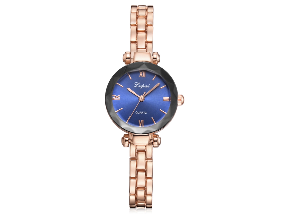 Reloj De Pulsera Para Mujer Con Números Romanos, Brazalete De Aleación, Cuarzo Rosa, Oro Y Azul.