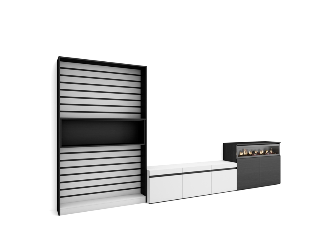 Muebles de Salón para TV 360x186x35cm Para TV hasta 65 Chimenea eléctrica Blanco y negro