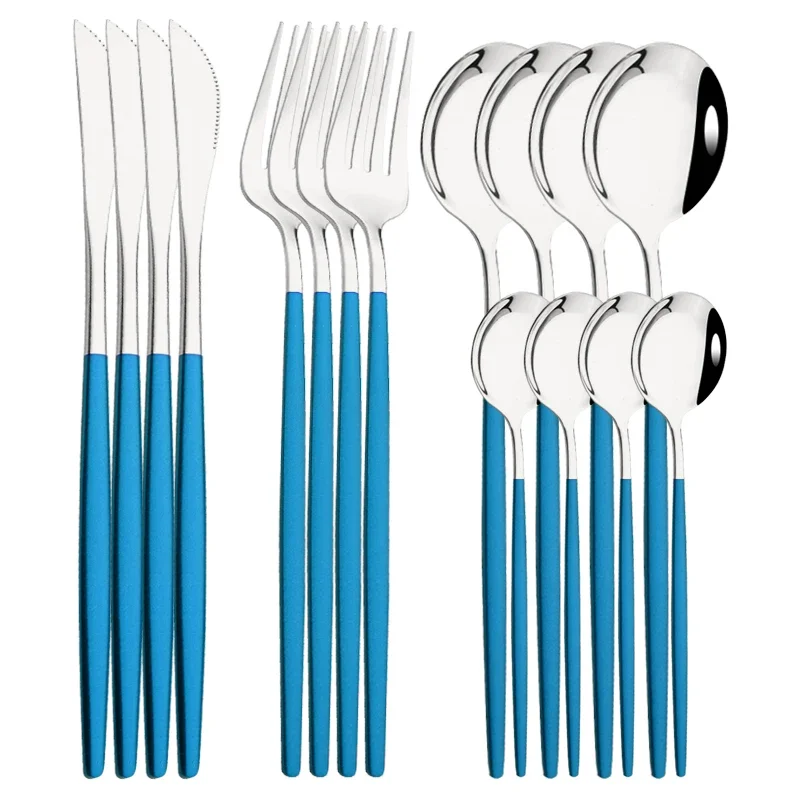 (color Plata Azul, Conjunto De 16 Piezas) Vajilla De Acero Inoxidable Que Incluye Cuchillo, Tenedor Y Cuchara De Café Para Uso Doméstico