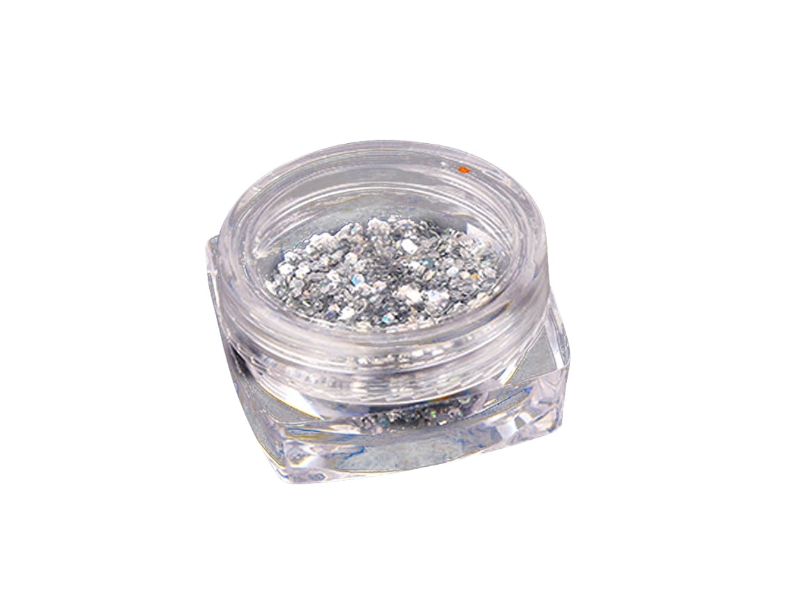 Decoração de unhas com lantejoulas e glitter para manicure branca.