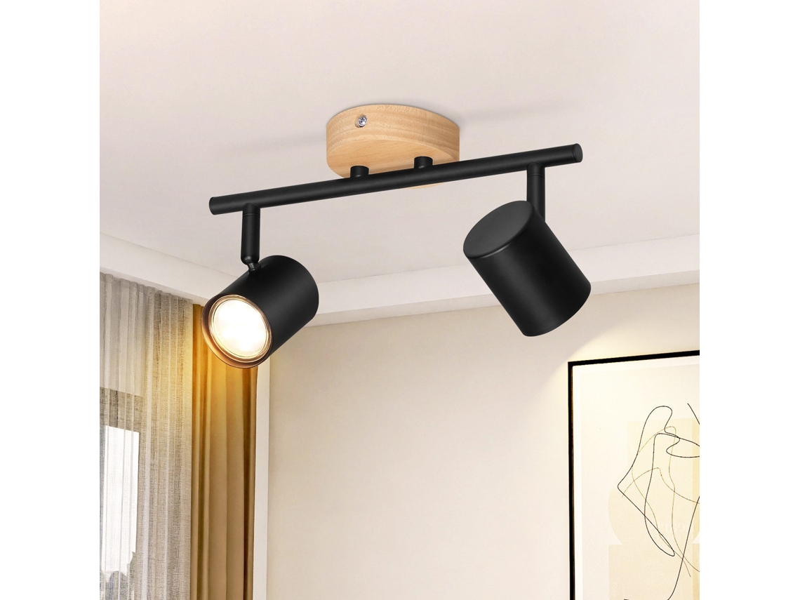 Lámpara de techo LED de 2 llamas, negra, giratoria, GU10, de madera, sin bombilla, Nettlife
