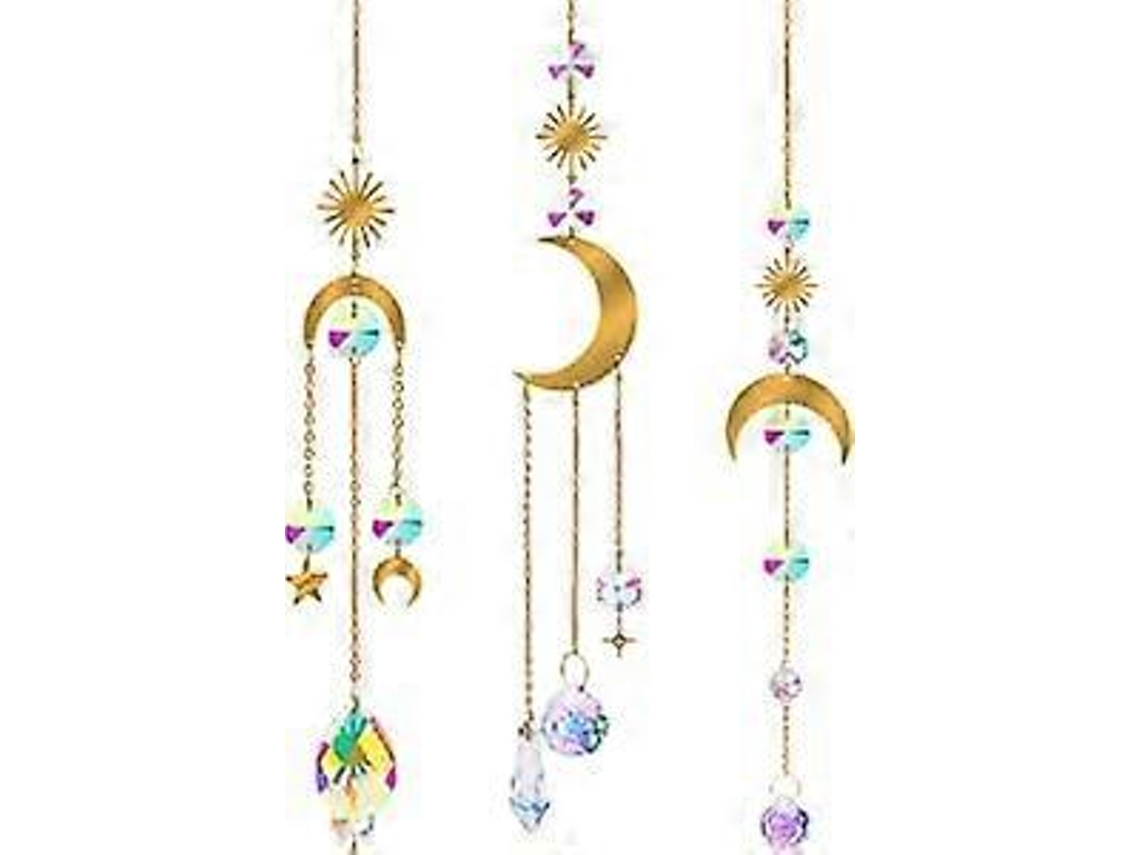 Conjunto de 4 bolas de cristal prismático con colgante de sol, luna y estrella arcoíris para decoración de ventanas. Colgante de cristal brillante.