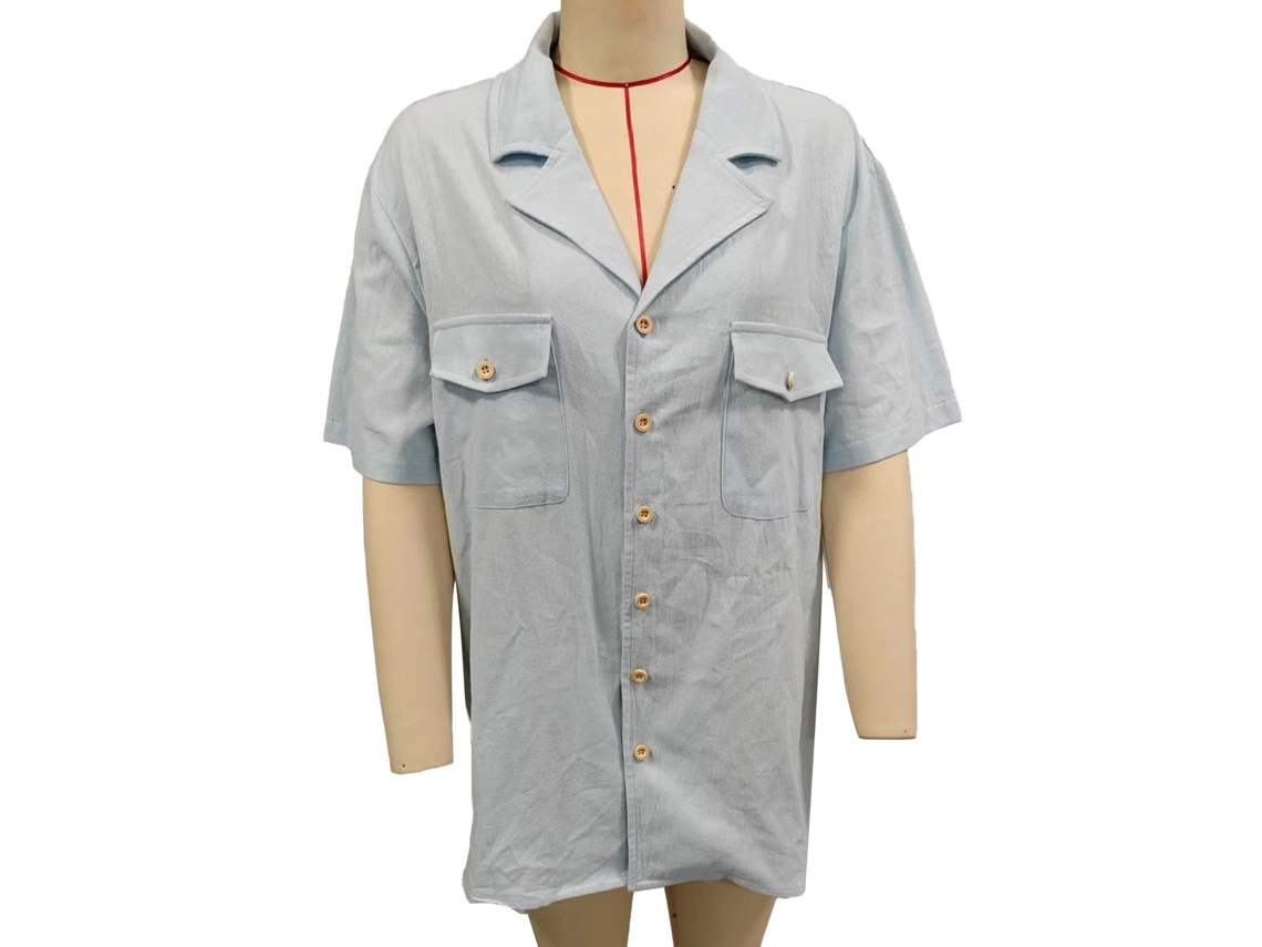 Camisa De Manga Corta Para Hombre Con Cuello, Solapa, Bolsillo En El Pecho, Cierre De Botones, Azul Veraniego Informal, Talla L