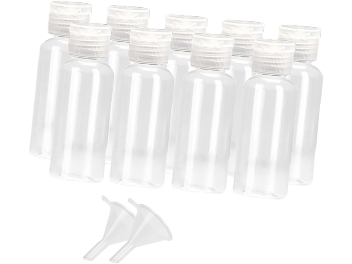 Juego de 15 botellas vacías de plástico transparente de 50 ml con tapa abatible (2 mini)