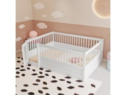 Cama Infantil De Madera De 140x200 Cm Con Barandilla De Seguridad, Color Blanco, Estilo Cabaña.