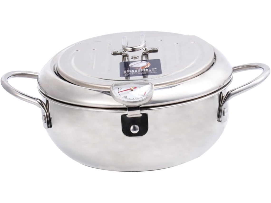 Sartén honda con termómetro y escurridor de aceite, sartén de acero inoxidable compatible con Gokoco.