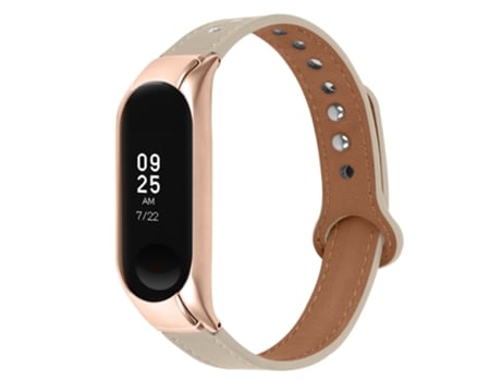Correa de piel auténtica con doble remache de oro rosa para Xiaomi Mi Band 5/6 - blanco marfil