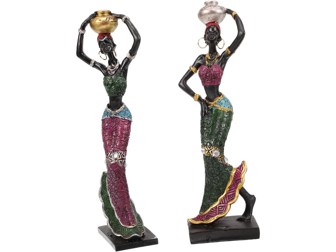 Conjunto De 2 Estatuas Decorativas De Resina Sintética, Adornos De Mujeres Tribales Africanas, Acabado