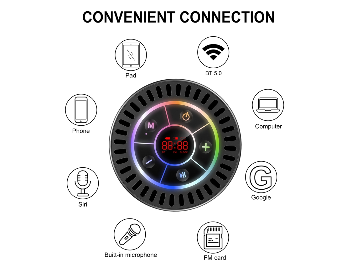 Altavoz Bluetooth Portátil Resistente Al Agua Ipx7 Con Radio Fm Y Pantalla Led De Hora.