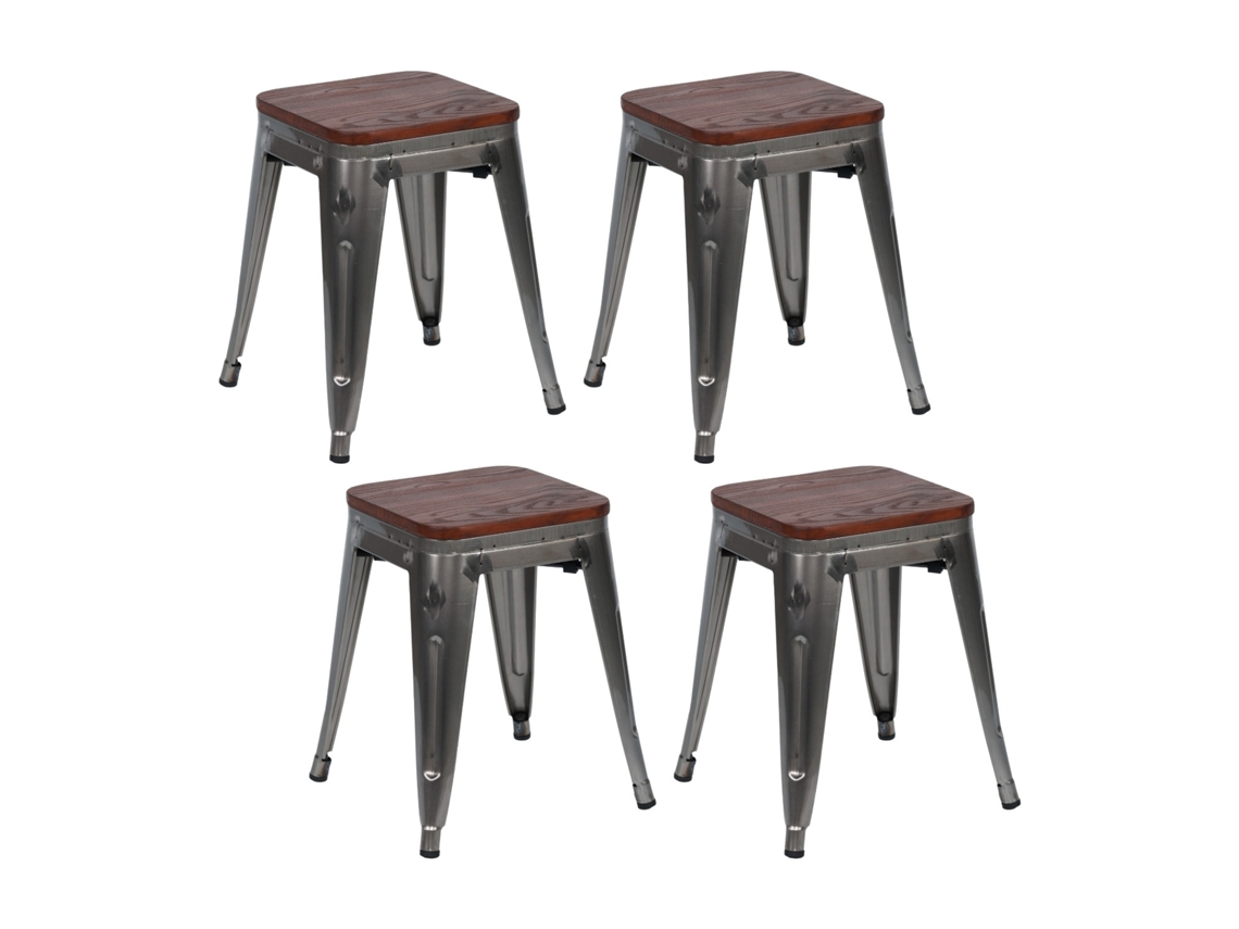 Juego de 4 taburetes bajos industriales apilables en acero y madera 38x38x46cm THINIA