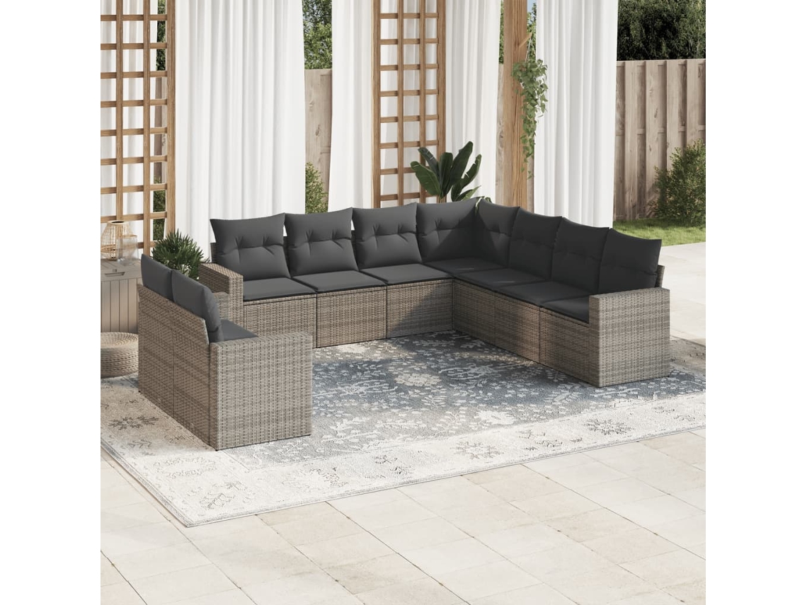 Conjunto de sofá de jardín de 9 piezas con cojines, mimbre gris, DKD Home Decor