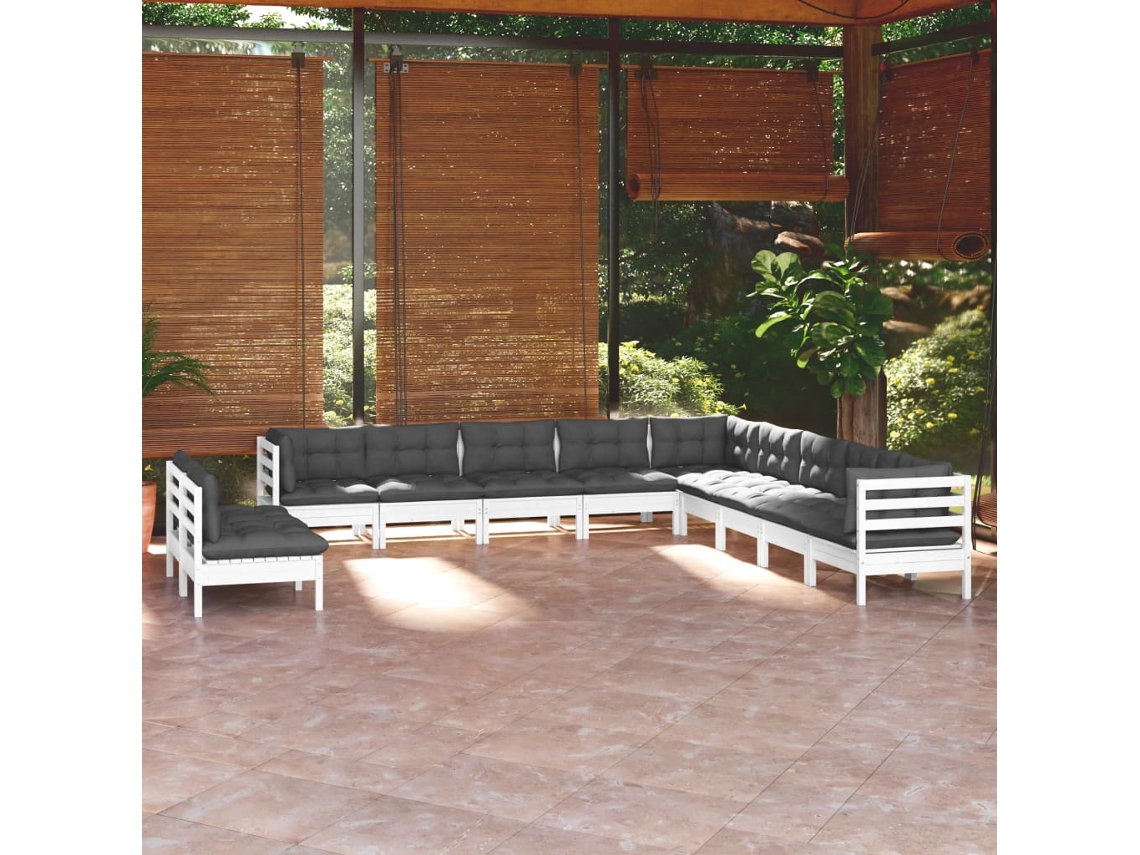 Conjunto de jardín de 11 piezas con cojines de pino macizo blanco DKD Home Decor